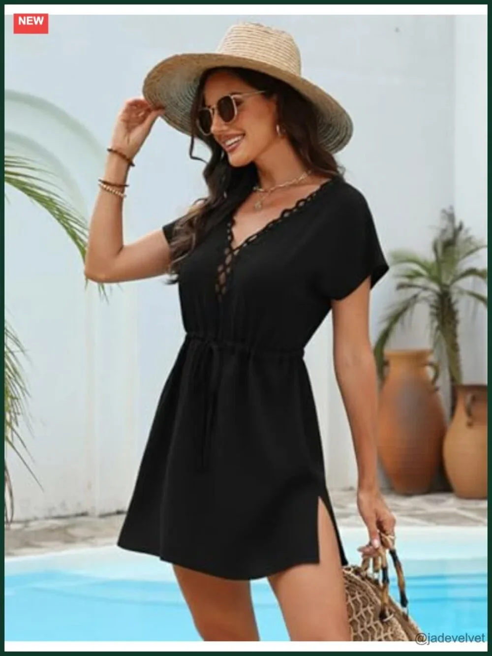 Lace Crochet V-Neck Short Sleeve Beach Cover Up Dress for Swimwear